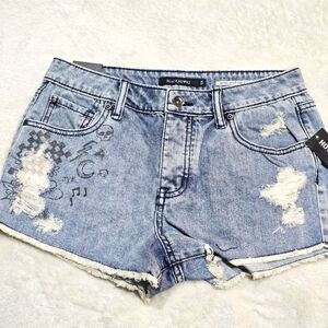 🆕️🆑️ BLACKHEART | Indigo Distressed Denim Sketch Art Cotton Jean Shorts Sz 5